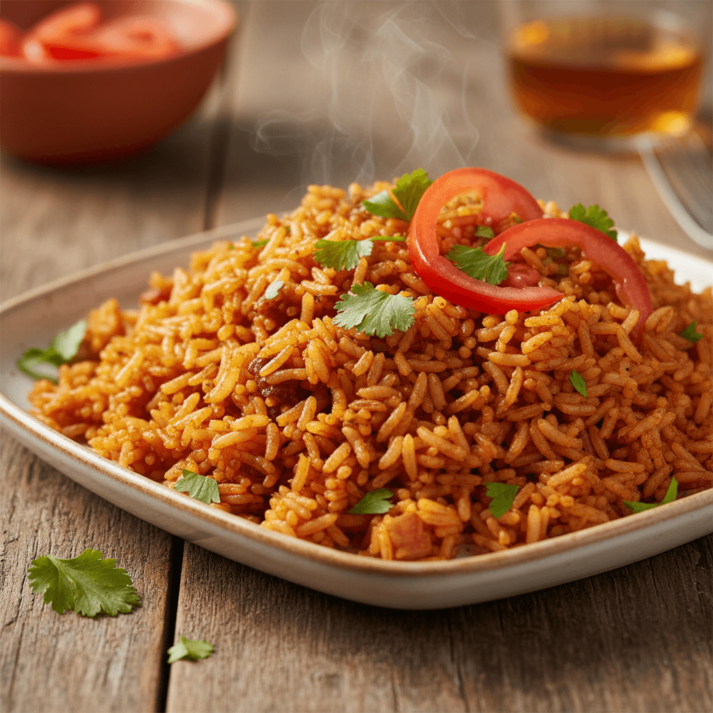 Plate of jollof rice with tomato garnish