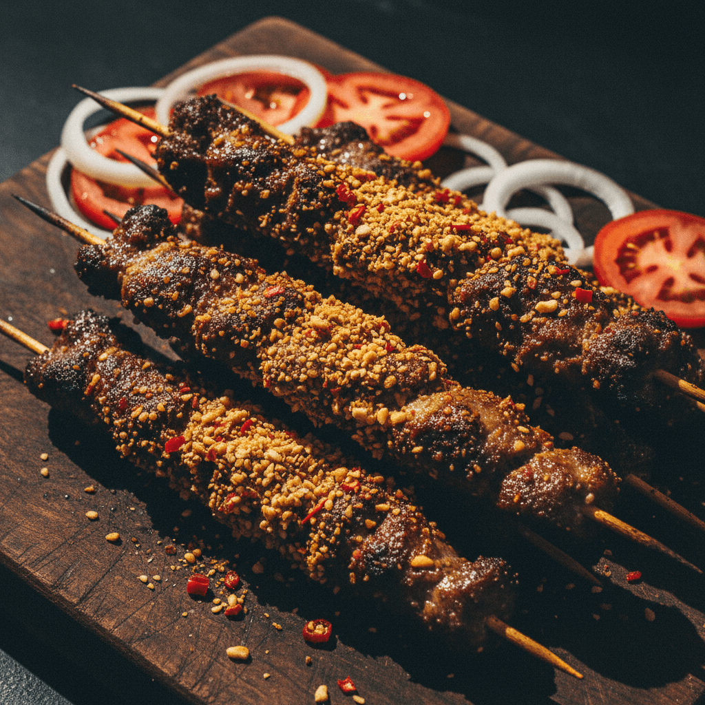 Grilled suya meat skewers with spiced crust