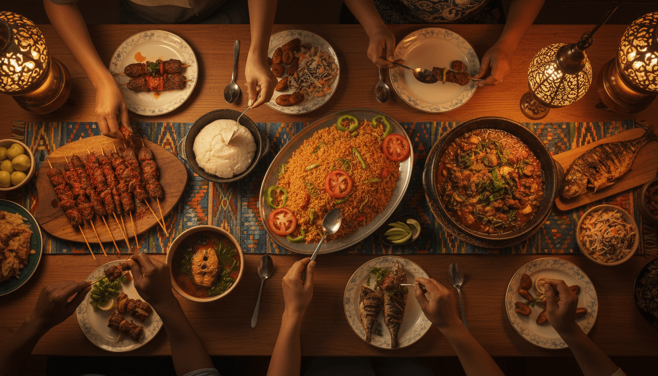 Authentic Nigerian dishes including jollof rice, egusi soup, suya, and pounded yam shared on a wooden table with warm lighting