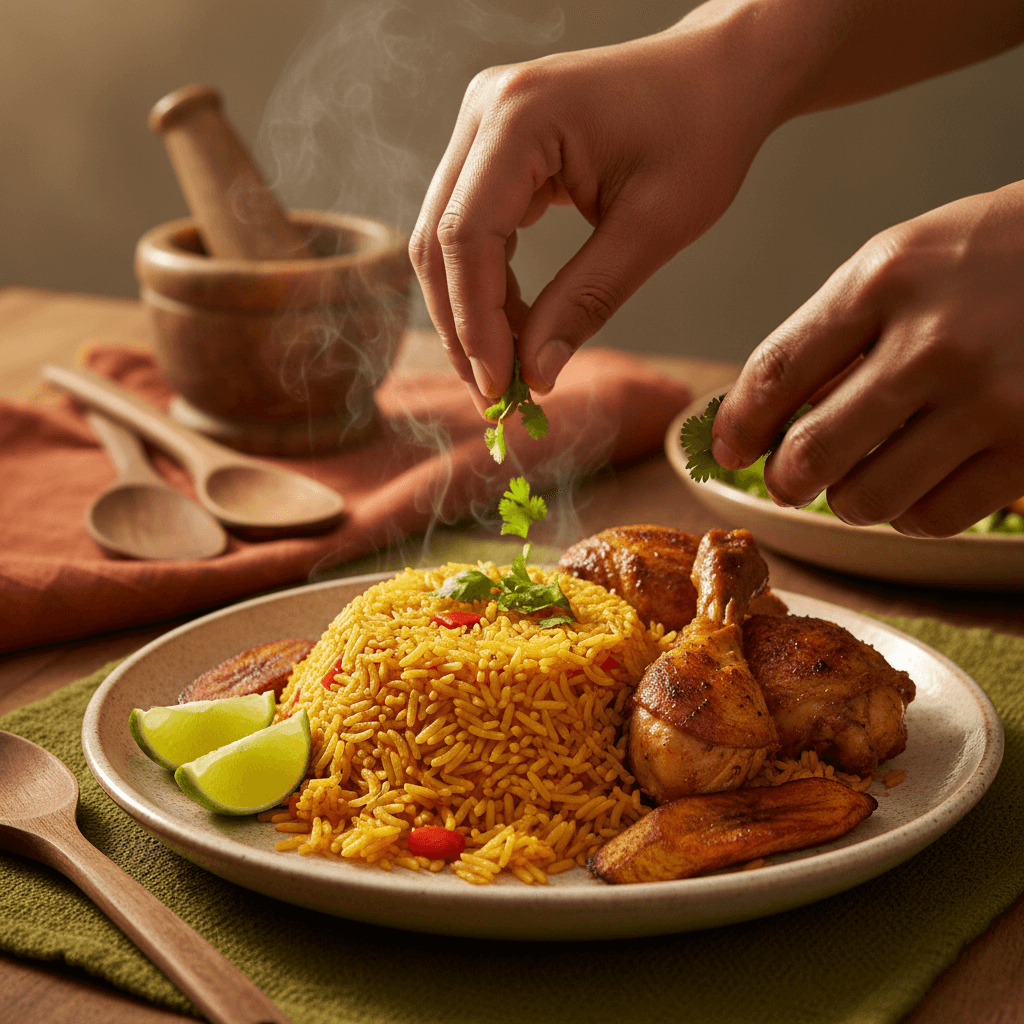Golden jollof rice served in a white bowl with traditional Nigerian spices