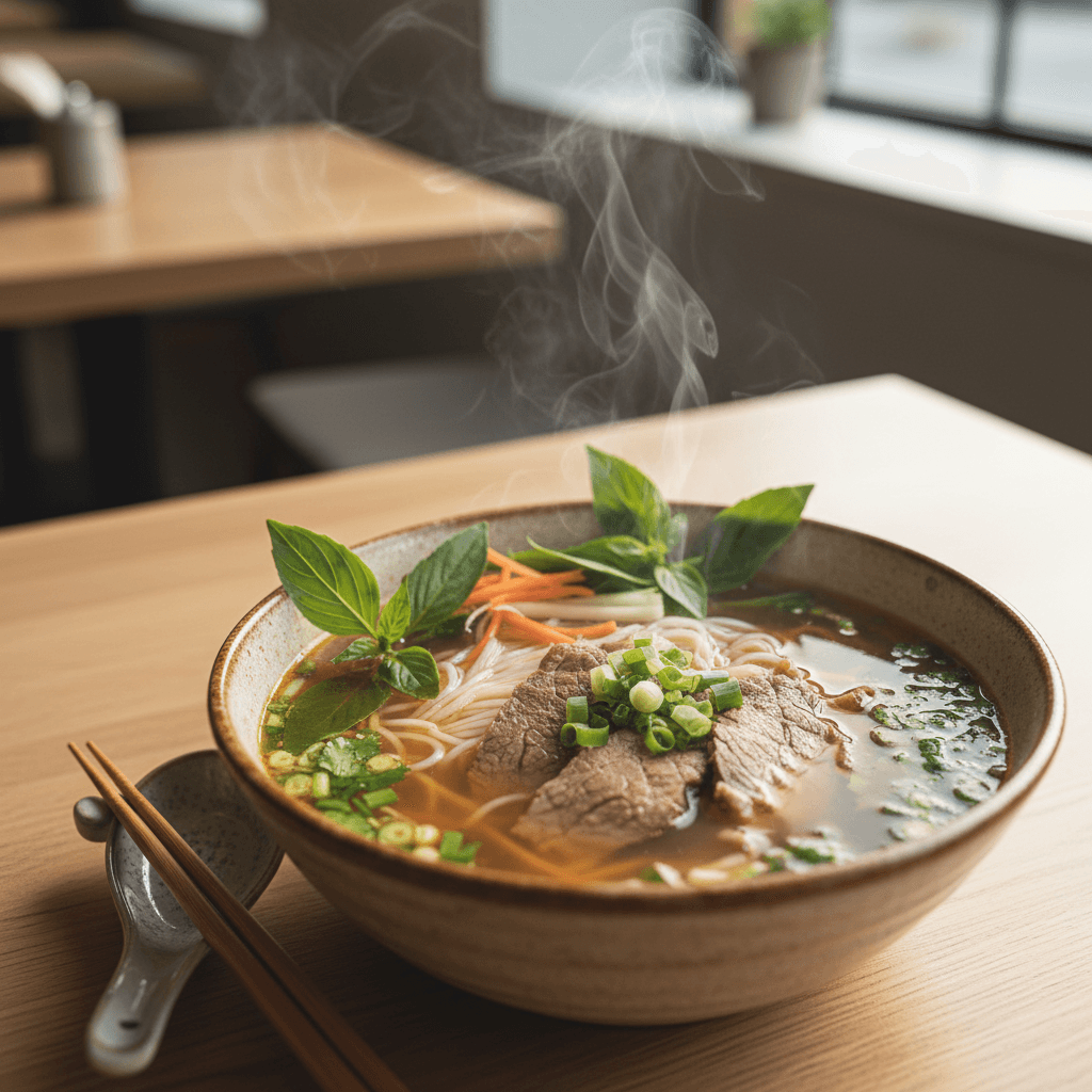 Aromatic pepper soup with meat and fresh herbs in broth