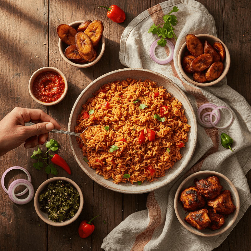 Family-style Nigerian dishes shared at table