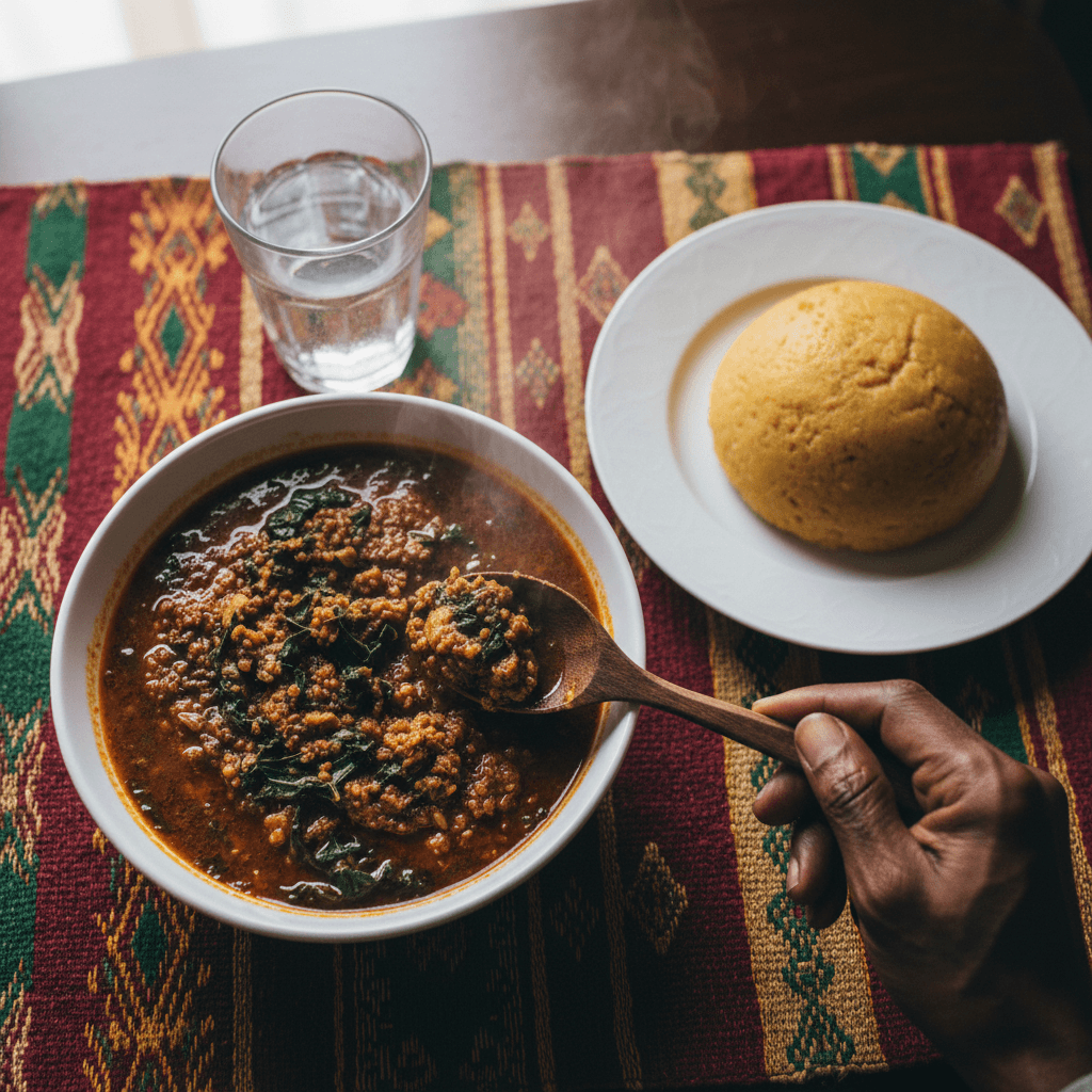 Hearty egusi soup with tender meat and spinach