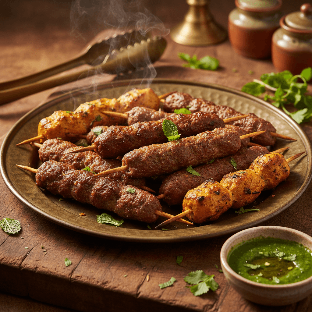 Grilled suya skewers with spiced coating and fresh garnish