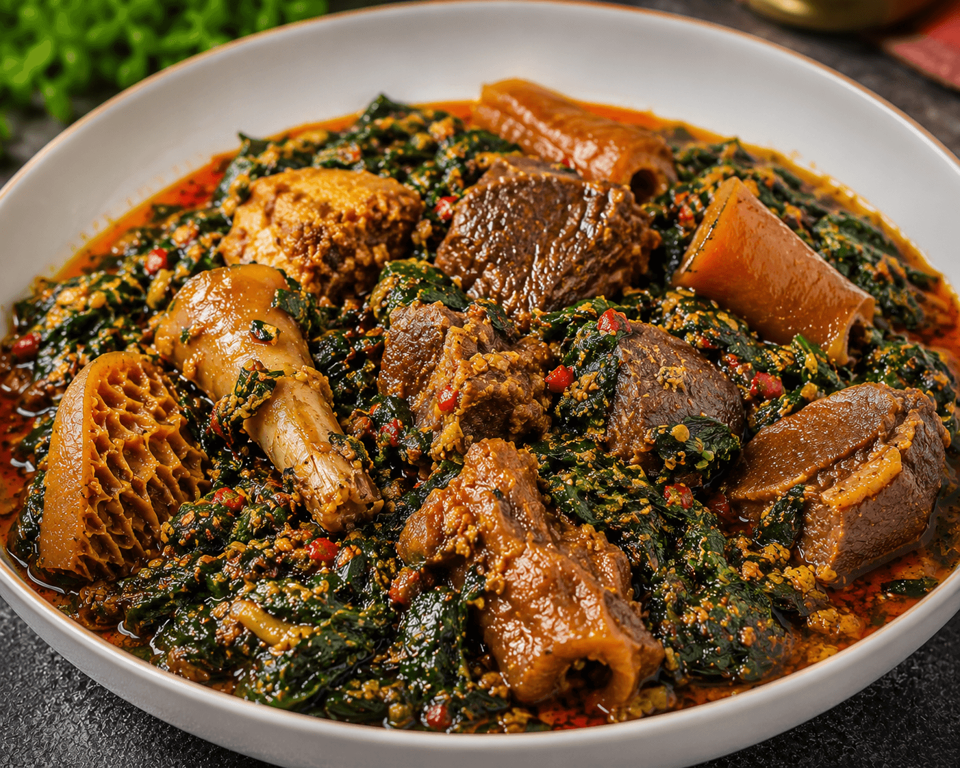 Rich Nigerian Egusi soup with leafy greens, assorted meats, tripe, and cow skin.