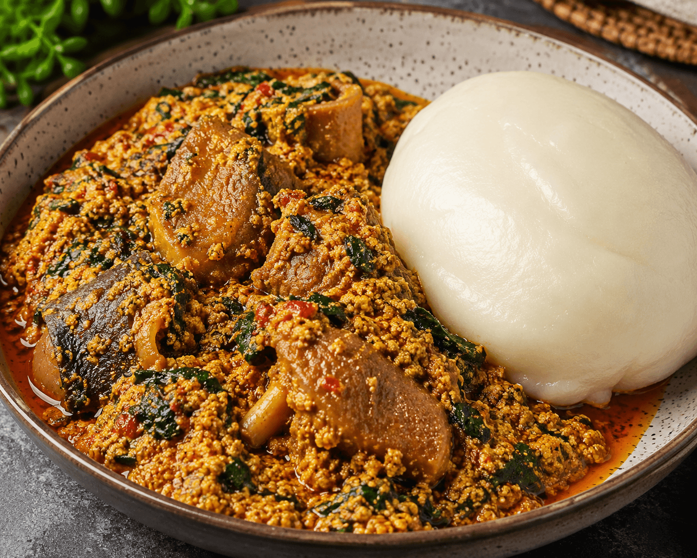 Rich Egusi soup with meat and greens served with a smooth white mound of fufu.